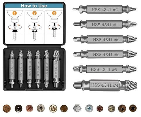 Juego de 6 extractores de tornillos, fabricado en HSS 4341, juego de extractor de tornillos dañados, herramienta de extracción de tornillos, para quitar tornillos dañados