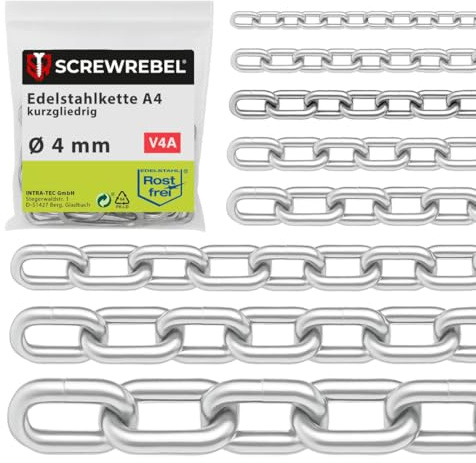 SCREW REBEL 4,0 mm starke Edelstahlkette A4 rostfrei, Sicherheitskette 3 m lang, kalibriert, Stahlkette kurzgliedrig DIN 766, Eisenkette, Rundstahlkette V4A mit 3 Meter Länge