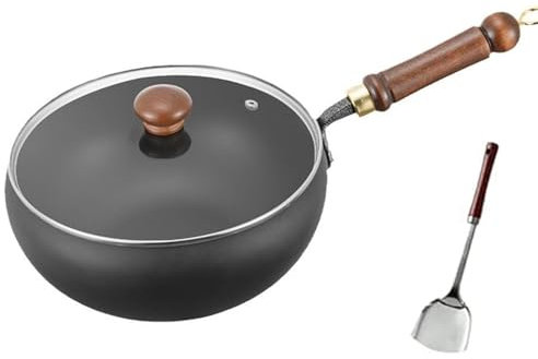 Uncoated Hand Forged Big Belly Pot, Chinese Wok, Iron Pot, Non Stick Wok,With Wood Handle And Lid, Dia Frying Pan, Stock Pan, Versatile Cooking Suitable For Induction, Electric And More(glass cover)