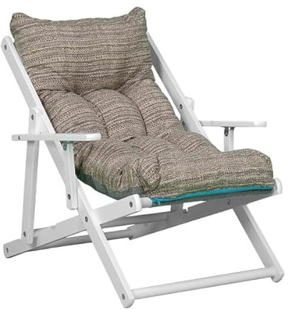 Klappbarer Holzsessel mit gepolstertem Kissen und weißem Gestell, in 3 Positionen verstellbar, ideal für Garten, Terrasse oder Balkon (Taupe)