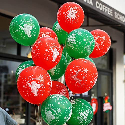 50 Stück Weihnachtsballons Party Dekoration, rot grün Ballons Xmas Latex Ballons bedruckt mit Weihnachtsbaum, Santa, Schneeflocken, Glocke Muster für Weihnachten Indoor Party Supplies