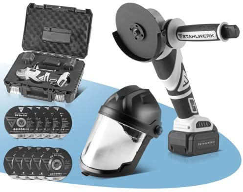 STAHLWERK Akku-Winkelschleifer 20 V Brushless (AWS-20 ST) – inkl. 4Ah Li-Ion Akku, Ladegerät, Maschinenkoffer, 5x Schruppscheibe SW Pro Grind Ø125 mm, 5x Trennscheibe SW Pro Cut Ø125 mm & Schleifhelm