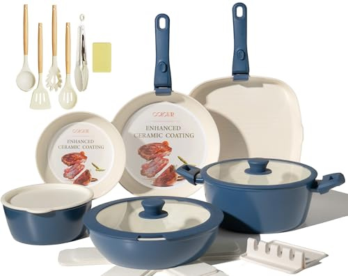 COICUR Set de Poêles et Casseroles 23 pièces Poignée amovible, batterie de cuisine antiadhésive en céramique non toxique, sans PFOA, compatible avec induction/gaz, lavable au lave-vaisselle, Bleu