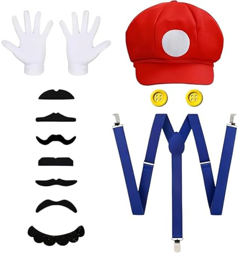 DvBCNMe Super Bros Kostüm Erwachsene, Super Bros Kostüm für Karneval und Halloween, Zubehör mit Roter Mütze, 7 Falsche Bärte, 1 Paar Handschuhe, 2 Gelbe Knöpfe, 1 Hosenträger