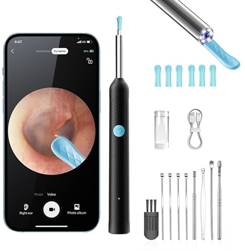 Ear Cleaner with Camera, Ear Camera and Wax Remover Tool with 8 Pcs Spoon | Ear Camera Otoscope with LED Light, IP67 Waterproof Camera with 6 LEDs for iPhone, iPad and Android Phones