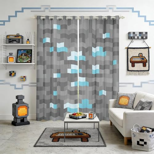 Manfei Pixelierte Blöcke Miner Fenstervorhänge,Videospiele Spiel Gamepad Jungen Zimmer Dekor,Geometrisches Gitter Patchwork Blackout Vorhänge,Grau Blau 2 Panels, S Größe
