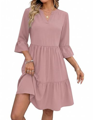Zeagoo Robe Femme d'été à Manches 3/4 Robes Col en V Longueur Genou Ample | Robe femme Chic et Elegant | Robe Décontractée | Robes Trapeze A-Line | avec Poches | Couleur Unie/Floral