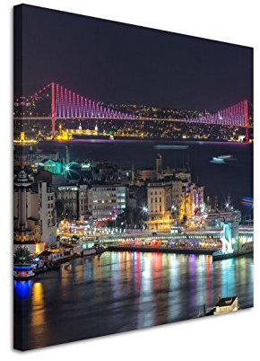 Eau Zone GmbH Kunstdruck auf Leinwand 90x90cm Urbane Fotografie – Bosporus Brücke bei Nacht