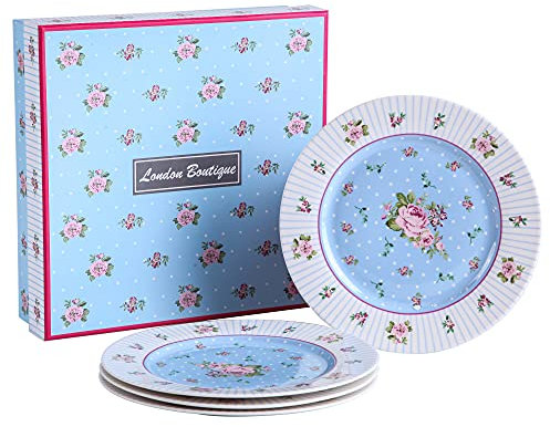 London Boutique Lot de 4 assiettes à gâteau en porcelaine fine à bords larges Style shabby chic Bleu rose, 7.5 inch
