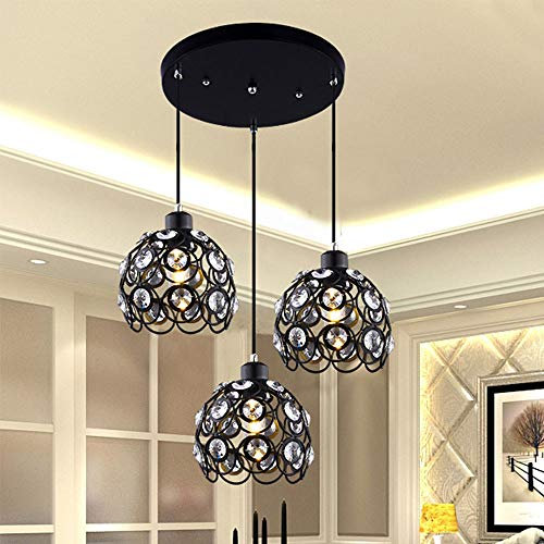 Mengjay Deckenleuchte Pendellampe Vintage Industrie Rund Kristall Deckenlampe Schwarz Retro Eisen Hängelampe 3-flammig Antik Loft Kronleuchter Hängeleuchte für Wohnzimmer Esszimmer Flur