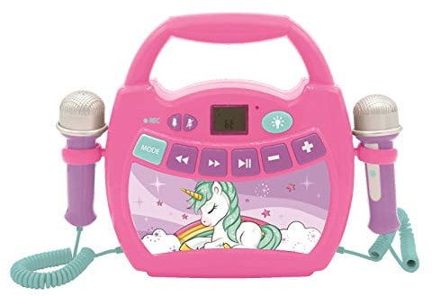LEXIBOOK, Unicorn, Portable karaoke digital player for kids, Microphones, Light effects, Bluetooth®, Record and voice changer functions, Pink, MP320UNIZ