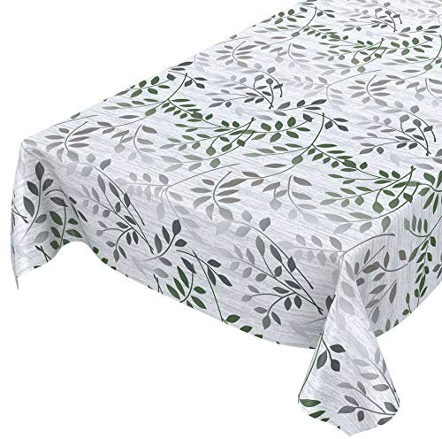 Wachstuchtischdecke abwaschbar Garten Tischdecke Wachstuch Rund Oval Eckig Indoor Outdoor Blätter Silber Grün 120x140cm
