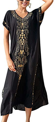 JENJON Donna Corta Manica Cover Up Caftano Floreale Ricamato Laterale Diviso Vestito da Spiaggia Abiti