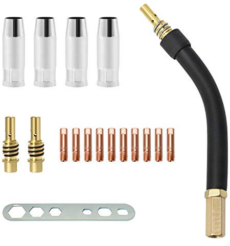 QWORK® 18 Tlg Schweißbrenner Verschleißteile Set für MB15AK | 10 x Stromdüse M6 0,8 mm | 4 x Gasdüse | 2 x Düse | 1 x Brennerhals | 1 x Werkzeug