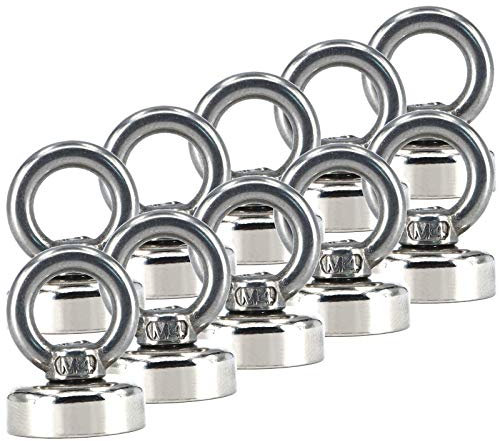 10 x Neodym Magnete Extra Stark Rund Mit Öse | Topfmagnet Mit Bohrung Senkung | Ösenmagnet mit Gewinde Öse zum Festschrauben | Bergemagnet Magnetangeln | 20mm - 10KG