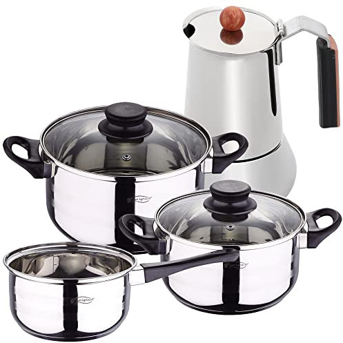 PACK BATERÍA DE COCINA 5 PIEZAS + CAFETERA DE 6 TAZAS EN ACERO INOXIDABLE