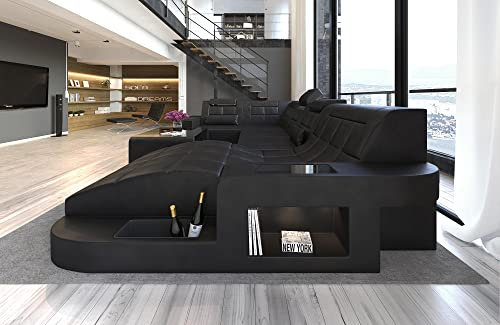 Wohnlandschaft Wave U Form Sofa in Leder - mit LED Beleuchtung, verstellbare Kopfstützen, Recamiere/Lederfarben wählbar/Ausrichtung wählbar (Ottomane rechts, Black)