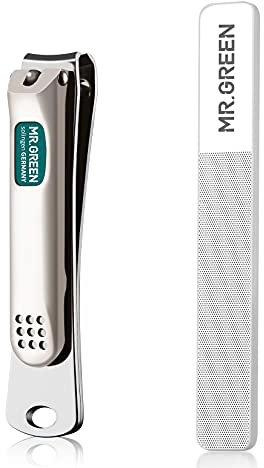 MR.GREEN Nail Clippers Curved Blades Fingernail Cutter Nippers Manicure Scissors Stainless Steel Pedicure Tools with Nail Flies (Medium+Glass File)