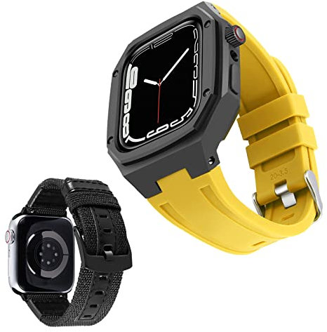 BINLUN Compatibile con Apple Watch 44mm 45mm - 2 Pezzi Cinturino in Silicone e Acciaio Inossidabile con Custodia in Metallo, Cinturino in Tela per iWatch Serie 9/8/7/SE/SE2/6/5/4
