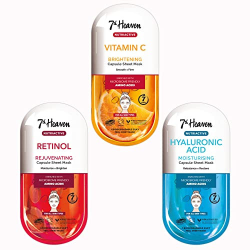 7th Heaven Nutriactive Skincare 3 Face Sheet Masks - Hyaluronic Acid, Vitamin C & Retinol - Helps Hydrate, Brighten & Renew Skin with Advanced Multi-Action Formulas