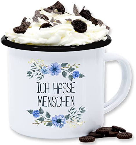 Emaille Tasse Blechtasse - Statement Sprüche - Ich hasse Menschen - 300 ml - Weiß Schwarz - mit spruch sarkasmus blumen tassen spruechen people emalietassen sprüche, grumpy becher sprueche
