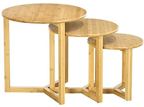 HOMCOM Tables de Salon 3 pièces en Bambou avec Design empilable pour intérieur et extérieur, Ø48 x 48/Ø40 x 40/Ø32 x 32 cm, Couleur Bois