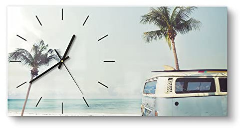 DEQORI Glasuhr | vertikal 60x30 cm | Motiv Surfer-Bus am Strand | große XXL Design Uhr aus Glas | leise Wanduhr für Wohnzimmer & Küche | Moderne Hingucker Uhr für die Wand