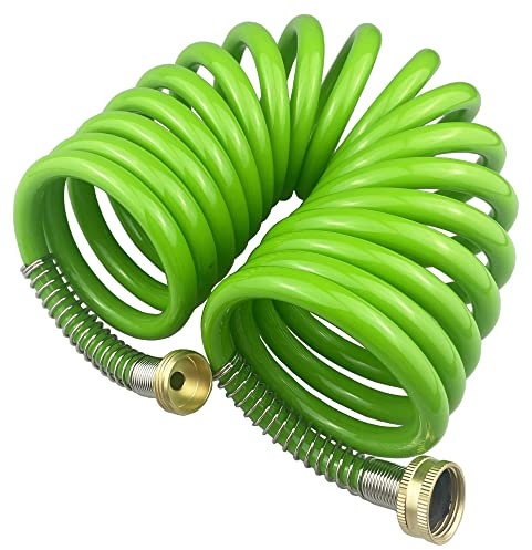 Darnassus Garden Hose,15 Feet Green PU Curly Water Hose with Brass Connectors,Watering Hose Coil,Retractable,Corrosion Resistant Garden Coil Hose