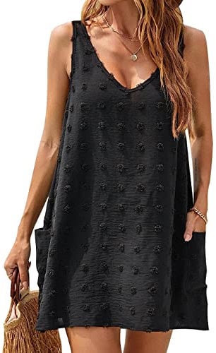 RPAEOY Damen Strandkleid mit Taschen V-Ausschnitt Sommerkleid Sommer Strandponcho Boho Strandtunika Bikini Cover-Ups Strandurlaub Badeanzug Beachwear Bademode Kurze Kleid (Schwarz,S)