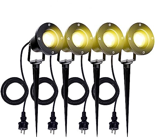 Gimisgu LED Gartenstrahler, 4er Gartenbeleuchtung mit Erdspieß, 4W GU10 Aluminium Gartenleuchte Warmweiß 3000K, IP65 Wasserdicht Dekorative Gartenlampe Strahler Beleuchtung Aussen Lampe