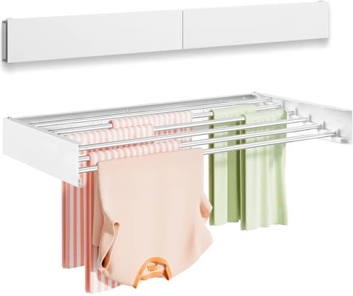 Vikaqi Wäscheständer zur Wandmontage, 101,6 cm, faltbar, Wandhalterung, Wäscheständer, zusammenklappbar, versteckter Platzsparer mit Wandschablone, 6 Stangen, Weiß