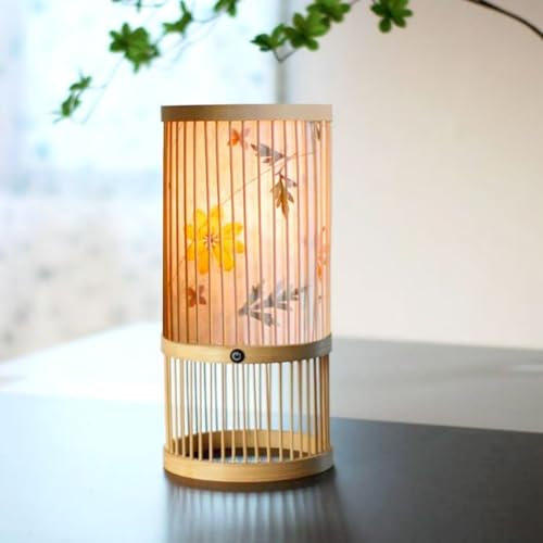 GUANSHAN Handgemachte Blumen Papier Bambus Tischlampe Zen Bambus Nachtlicht Herbarium Nachttischlampe Dekorative Tischleuchte für Schlafzimmer, Wohnzimmer
