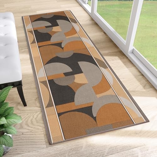 TAPISO Anti Rutsch Teppich Läufer Orange Grau Schwarz Braun rutschfest Modern Abstrakt Figuren Muster Flur Küche Wohnzimmer ÖKO-TEX 67 x 200 cm