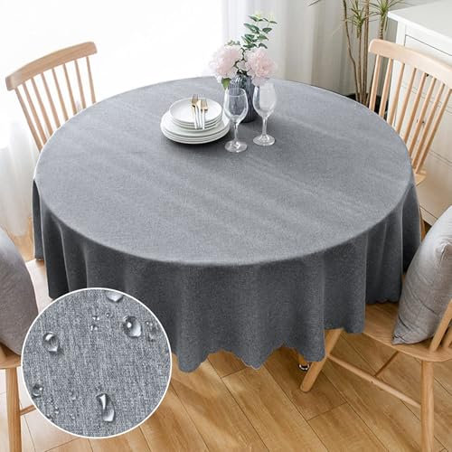 Tischdecke Rund Φ120cm, Leinenoptik Tischdecke Wasserabweisend Tischwäsche, Fleckschutz Abwaschbar Tischwäsche, Hellgrau Tischwäsche Lotuseffek für Esstisch Geburtstag Hochzeit Party
