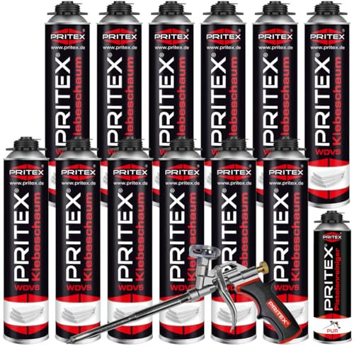 PRITEX - WDVS Klebeschaum Mega Set 12 x 750 ml inkl. Schaumpistole und Reiniger zum Isolieren, Fixieren & Befestigen /// Bauschaum Dämmstoffkleber mit sehr guter Haftung