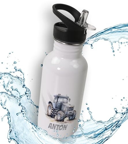 timalo® Trinkflasche für Kinder personalisiert mit Namen | auslaufsichere Edelstahl Sportflasche Kindergarten Schule Geschenk für Jungen und Mädchen 600mL | Traktor