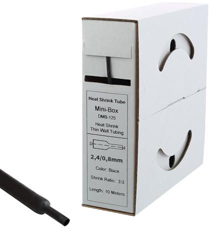Offgridtec 10m Schrumpfschlauch mit Kleber 2,4 mm > 0,8 mm, 3:1 Schrumpfrate, Dual-Wand, Halogenfrei, Flammhemmend, Wasserdichte Kabelisolierung, Leicht zu Schneiden, Inklusive Spenderbox, Schwarz