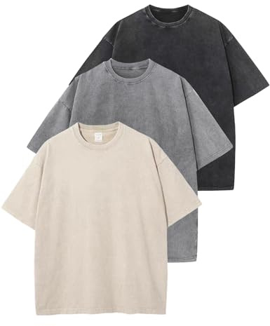 Arssm 3 Pack Men Oversized T Shirts Vintage Tee Loose Fit Short Sleeve Casual Streetwear Baggy Washed Unisex Tops(BlackGreyBeige-XL)