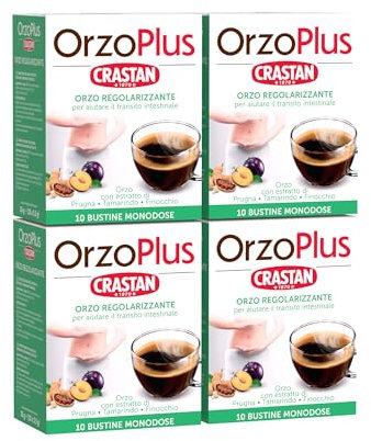 Crastan OrzoPlus, Orzo Regolarizzante con Estratto di Prugna, Finocchio e Tamarindo, Ideale per Aiutare il Transito Intestinale, Made in Italy, 4 Astucci da 10 Bustine Monodose - 35g