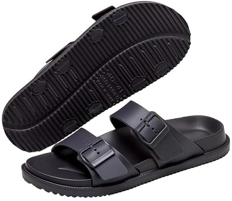VEXTIO Pantoletten Damen Mit Schnallen Riemen weich Fußbett Verstellbar Sandalen Herren Sommer Hausschuhe Schlappen Buckle Breit Badeschuhe Weich Fest Sohle Schuhe Grau Gr. 37-38
