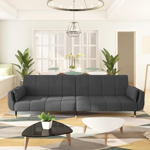 Vopese Schlafsofa 2-Sitzer mit 2 Kissen Klappsofa Bettsofa Sofa mit Schlaffunktion Gästesofa Klappbett Sofabett Loungesofa Sitzmöbel für Büro Dunkelgrau Samt