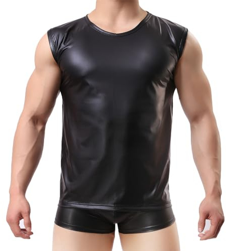 Limmion Herren Latex T-Shirt Schwarz Leder Optik Männer Shirt Unterhemd Kurzarm Unterwäsche Stretch Hemd Tops Wetlook Dessous Herren Sexy Leder Weste Ärmellos Unterhemd Männer Muskelshirt Top