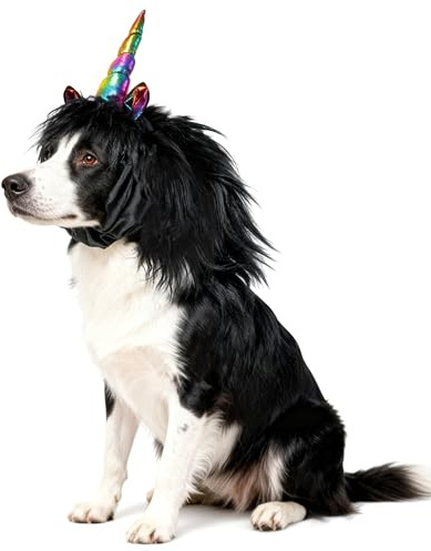 Onmygogo Lustiges Rentier-Kostüm für Hunde, niedliche pelzige Haustierperücke für Halloween, Weihnachten, Haustier-Kleidung, Zubehör (M, Schwarzes Einhorn)