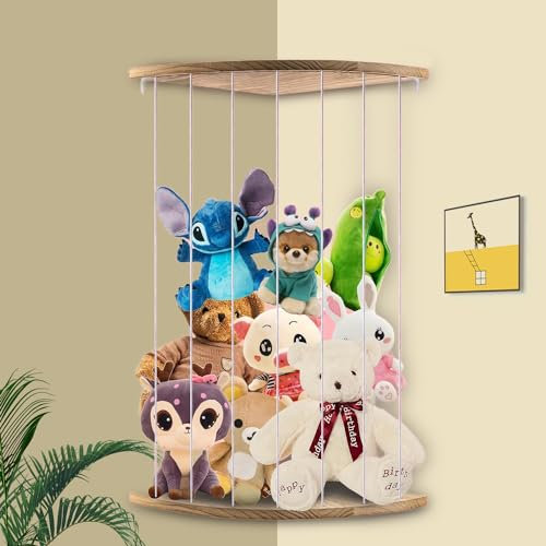 Stuffed Animal Storage Wood Corner Plush Toys Holder, Toy Storage Cuddly Hammock, Length Adjustable Hanging Stuff Animal Toy Organizer Shelf for Kid's Room Nursery Play Room