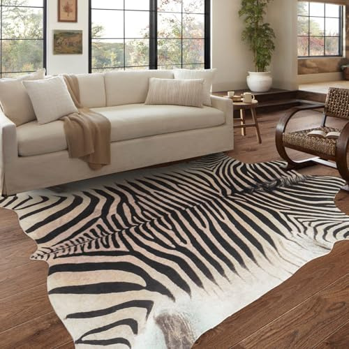 Guyekobe Zebra-Teppich, luxuriöser Zebra-Druck, für Schlafzimmer, Wohnzimmer, Esszimmer, niedriger Flor, Tierteppich, rutschfest, 1,4 x 1,6 m