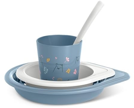 Suavinex, Vajilla para Bebés, Set de Platos de Aprendizaje, +6 Meses, Vajilla Infantil Apta Para Lavavajillas y Microondas. Incluye: Vaso + Plato Llano + Bol + Cuchara. Bears Azul