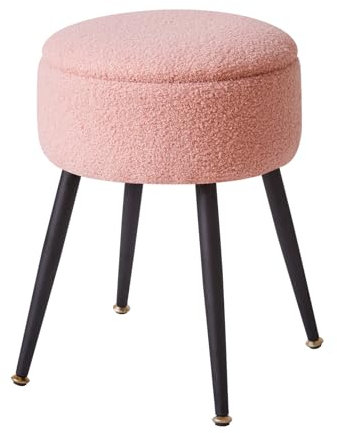 Aibiju Stool Chair for Dressing Table, Round Vanity Stool with Storage, Small Side Table with 4 Metal Legs for Home Living Room Fitting Room Bedroom, Faux Teddy Fur, Pink YD-RMS137P
