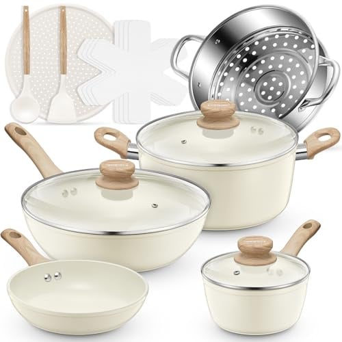 FOHERE 15 PCS Pots and Pans Set, Non-stick Ceramic Cookware sets, Kitchen Induction Cooking Set with Pizza Pan, Food Steamer, Saucepans, Frying Pans (White)