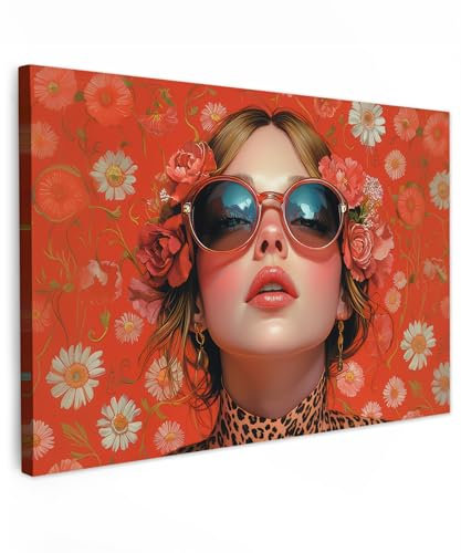 MuchoWow© Leinwand Bilder Groß 120x80 cm XXL Wanddeko Wohnzimmer Aesthetic Room Decor Deko Zimmer Wandbilder Modern Bild auf Leinwand Frau - Farbenfroh - Tierprint - Blumen