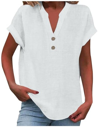 Womens Tops, Ladies Tops Women Women's Summer Cotton Linen Cap Sleeve T-Shirt Button V Neck Tunic Top Fashion Baggy Solid Plain Casual Shirts Trendy Blouse White